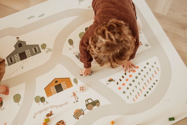 PlanandGo_EEVAA_farm_puzzlemat_child_is_playing_with_wooden_car Play&Go 3u1 EEVAA dvostrana podloga za igru – Farma (120x180cm) - Image 11