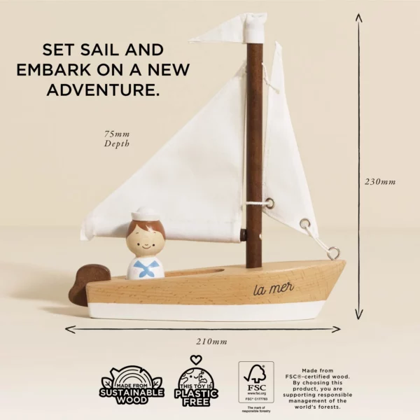TV810-wooden-toy-sailing-boat-captain-white-wood-ocean-voilier-sailaway-sailor-skipper-boy-girl-eco-luxury-gift-_3 Le Toy Van Drvena jedrilica s kapetanom – La Mer - Image 4