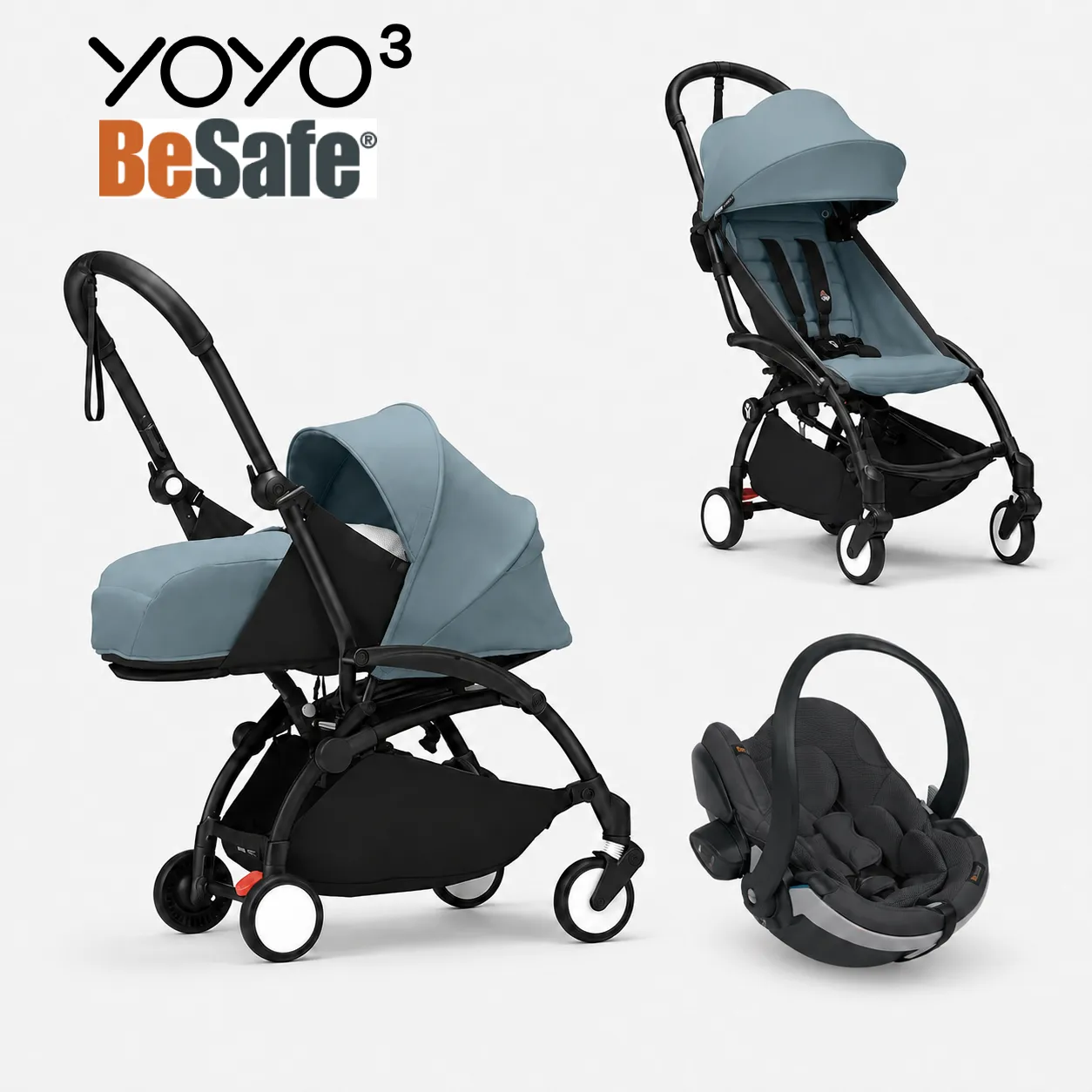 stokke yoyo³ kolica 3u1 sa sklopivom košarom – black/aqua Stokke YOYO³ kolica 3u1 sa sklopivom košarom – Black/Aqua - Image 1