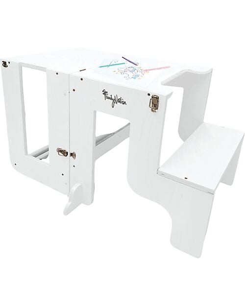 Family Nation Montessori toranj 3u1 White – magnetna tabla + sto i stolica
